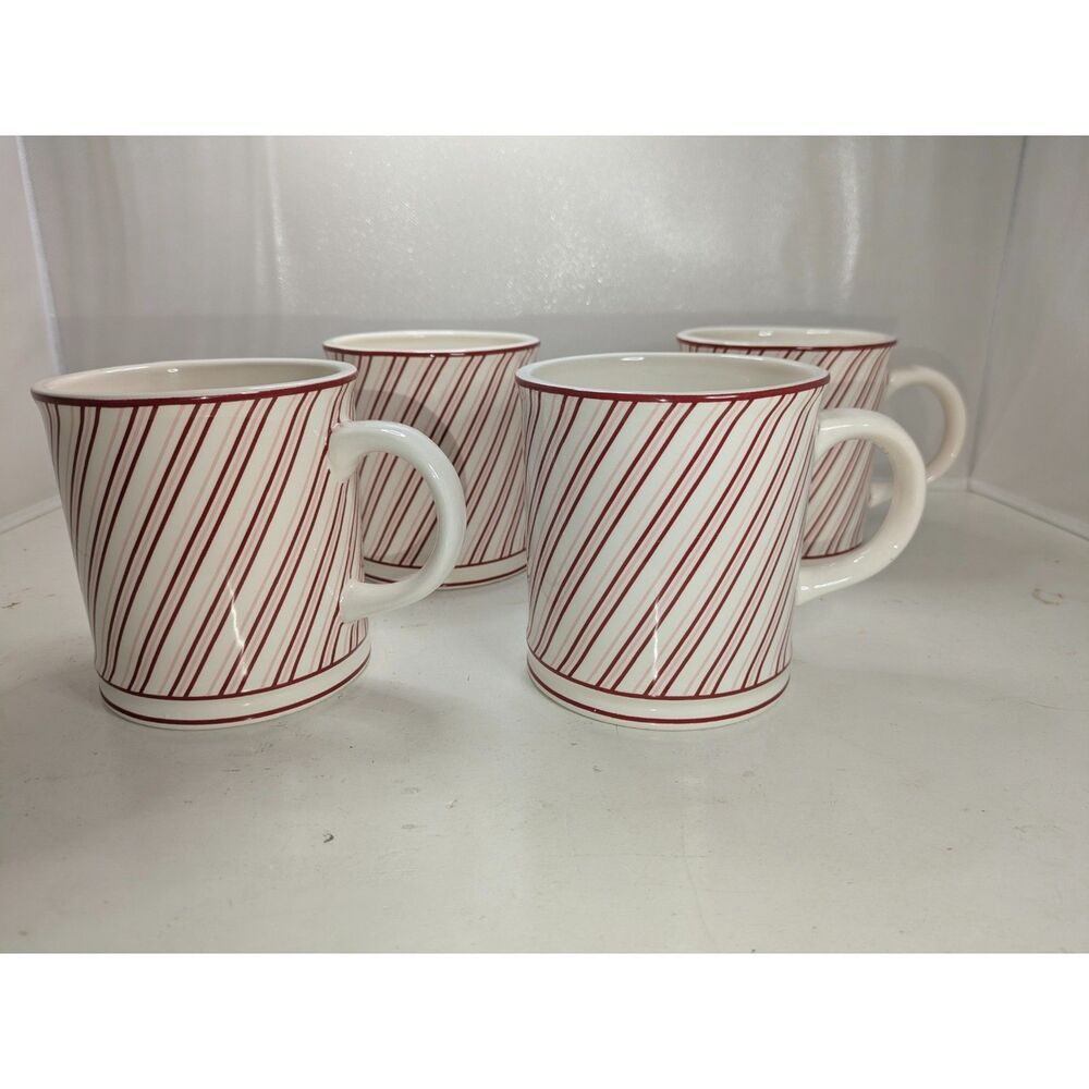 Sur La Table Candy Cane Striped Holiday Mugs Set of 4 Christmas Red White